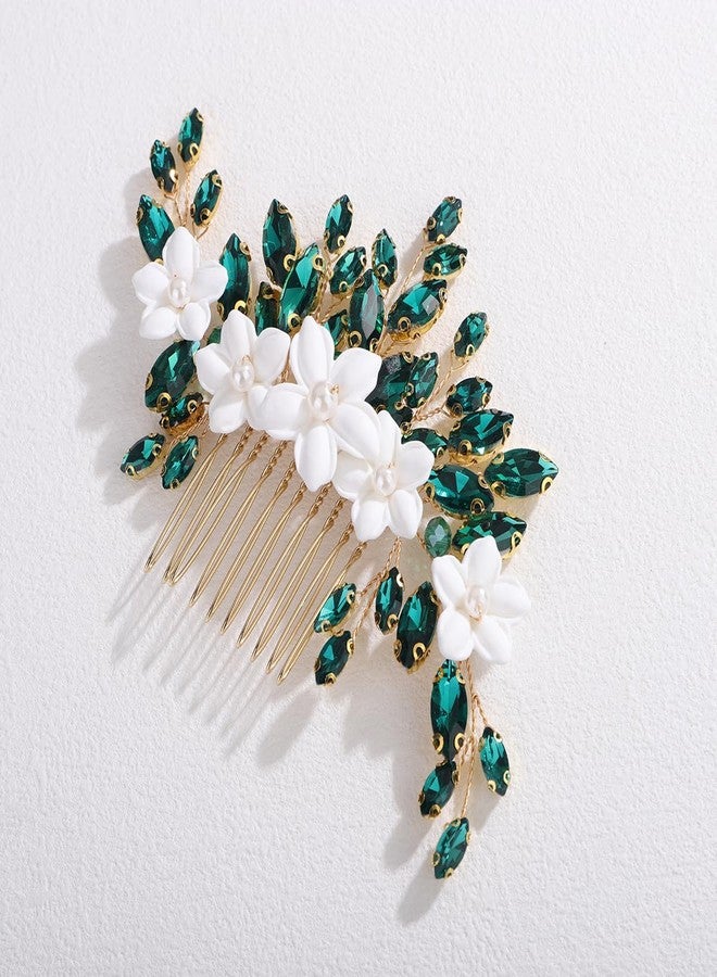 Xerling Bride Wedding Flower Green Rhinestones Hair Comb White Floral Side Comb Hair Piece Headpiece Bridal Head Jewelry Accessories for Women (Gold Green) - Image 3